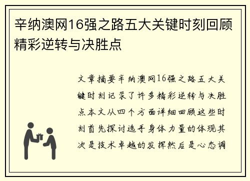 辛纳澳网16强之路五大关键时刻回顾精彩逆转与决胜点