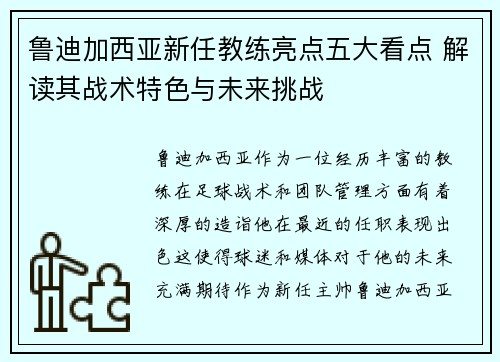 鲁迪加西亚新任教练亮点五大看点 解读其战术特色与未来挑战