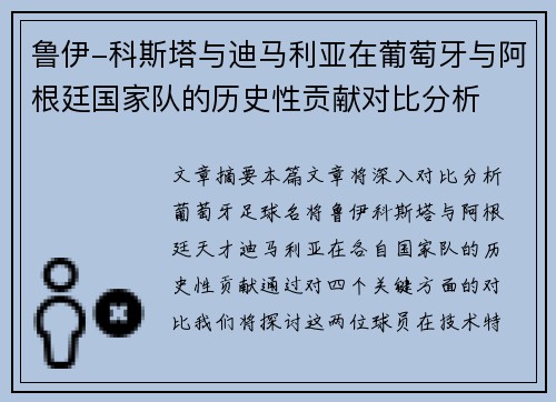 鲁伊-科斯塔与迪马利亚在葡萄牙与阿根廷国家队的历史性贡献对比分析