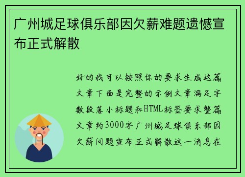 广州城足球俱乐部因欠薪难题遗憾宣布正式解散 广州城足球俱乐部因欠薪难题遗憾宣布正式解散