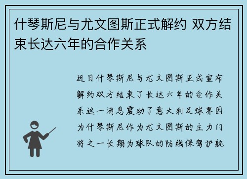 什琴斯尼与尤文图斯正式解约 双方结束长达六年的合作关系